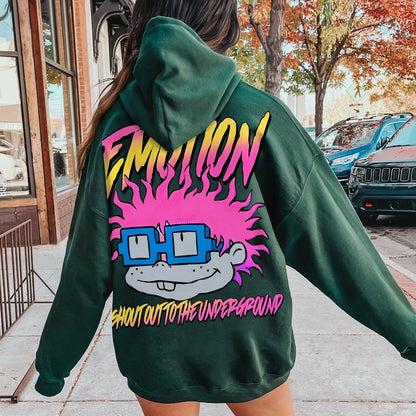 Vintage Cartoon Monster Graphic Print Printed Back Cotton Hoodie