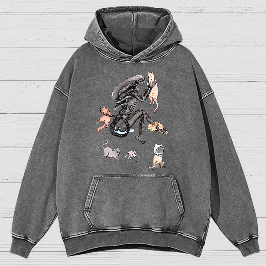 Funny Alien And Cat Vintage Distressed Hoodie