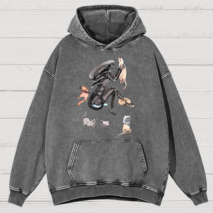 Funny Alien And Cat Vintage Distressed Hoodie