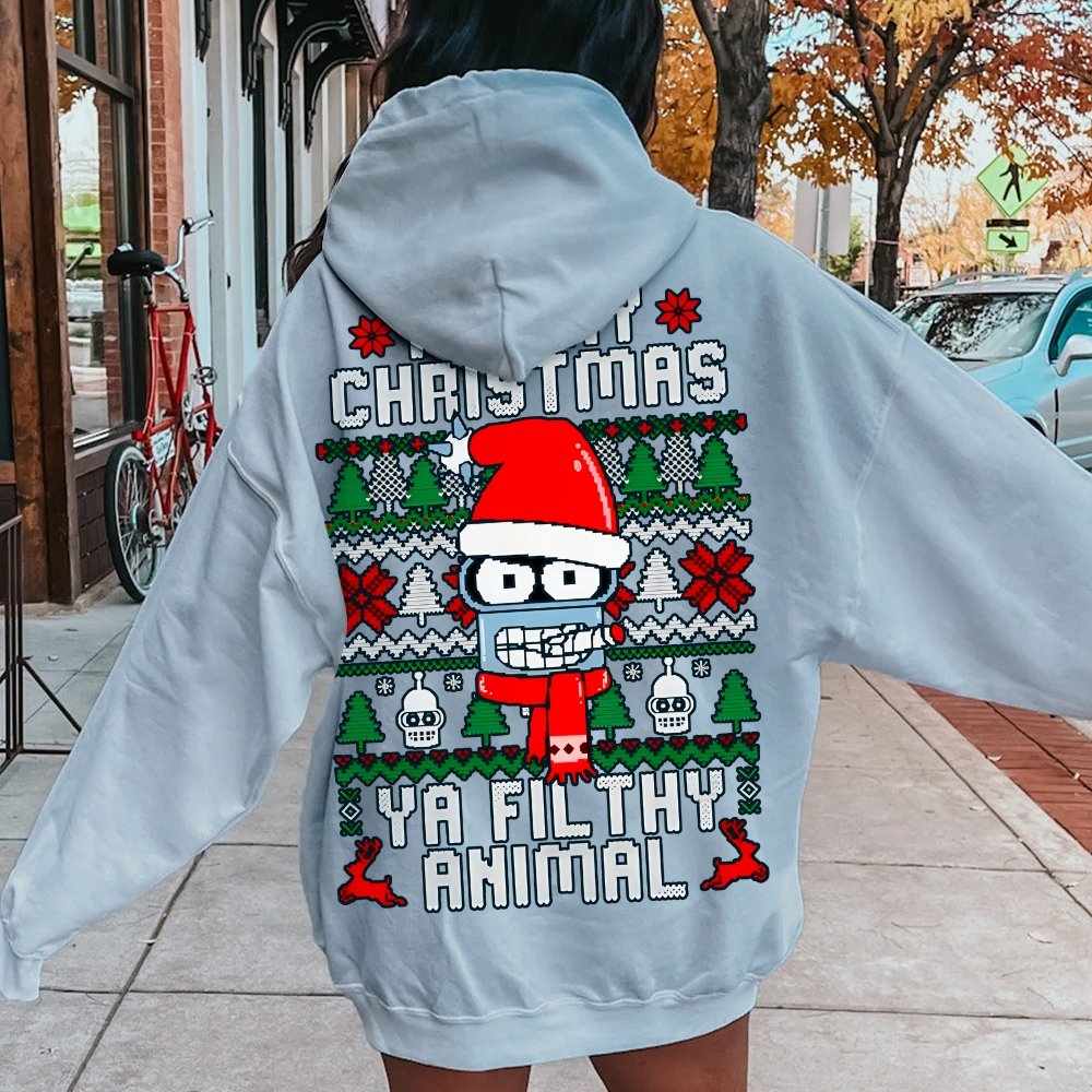 Merry Christmas Ya Filthy Animal Printed Back Cotton Hoodie