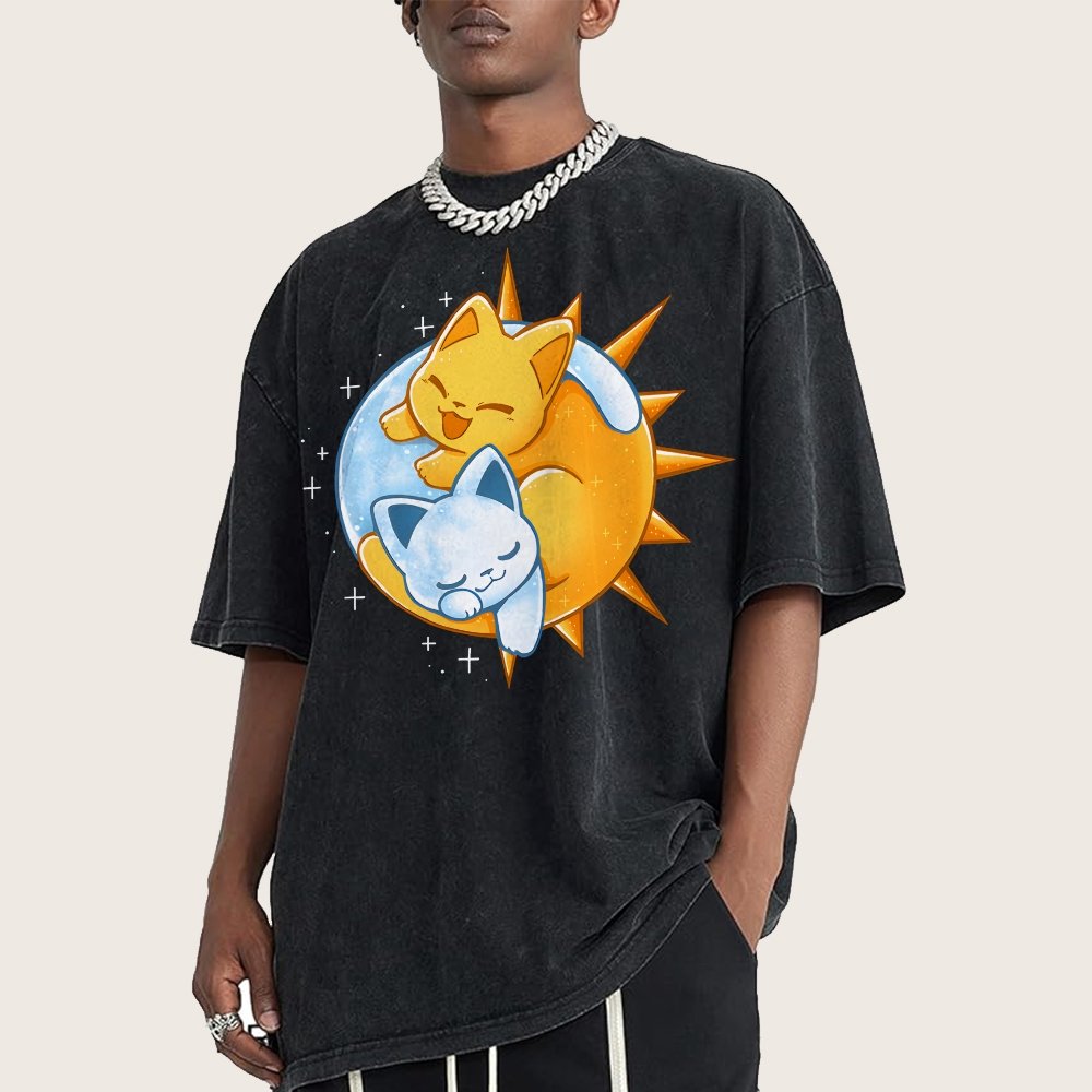 Sun Moon Kittens Vintage Distressed T-shirt