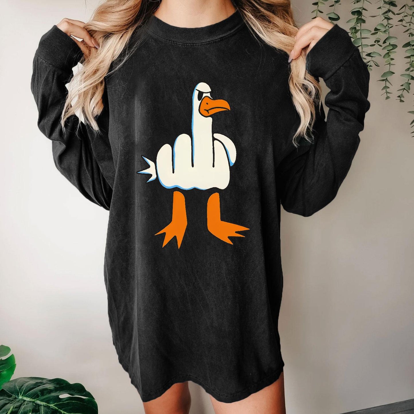 Rude Seagull Design Funny Washed Long Sleeve Tee