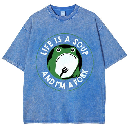 Life Is Soup and I'm a Fork Frog Vintage Distressed T-shirt