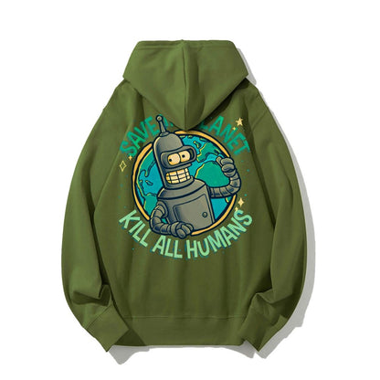 Save The Planet Kill All Humans Geek Printed Back Cotton Hoodie