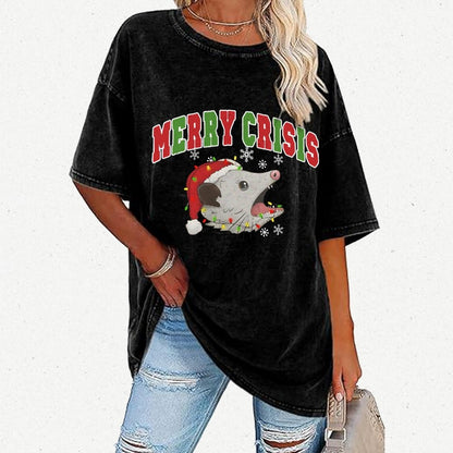 Merry Crisis Opossum Funny Christmas Vintage Distressed T-shirt