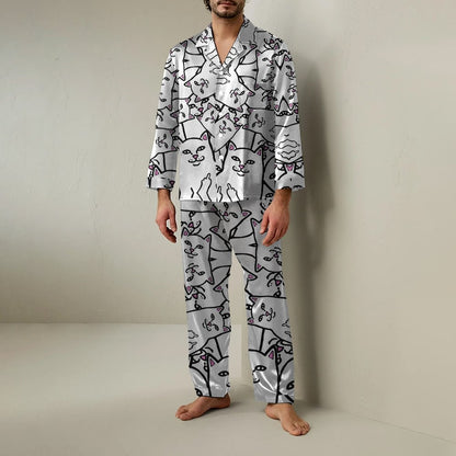 Cat Satire Art Print Geek Long Sleeve Pajama Set
