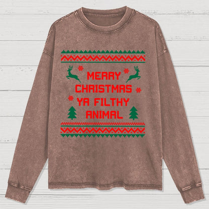 Merry Christmas Ya Filthy Animal  funny Washed Long Sleeve Tee