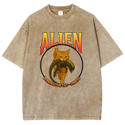 Black Cat Eating Alien Vintage Distressed T-shirt