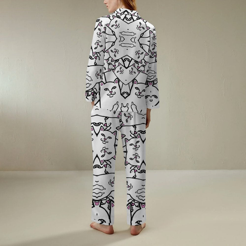 Cat Satire Art Print Geek Long Sleeve Pajama Set
