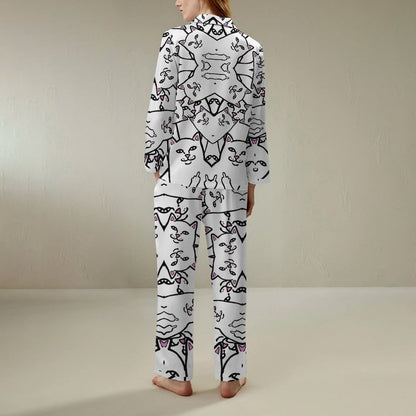 Cat Satire Art Print Geek Long Sleeve Pajama Set