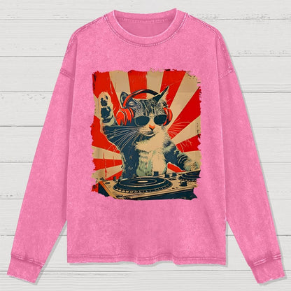 Rock Music Cat Washed Long Sleeve Tee