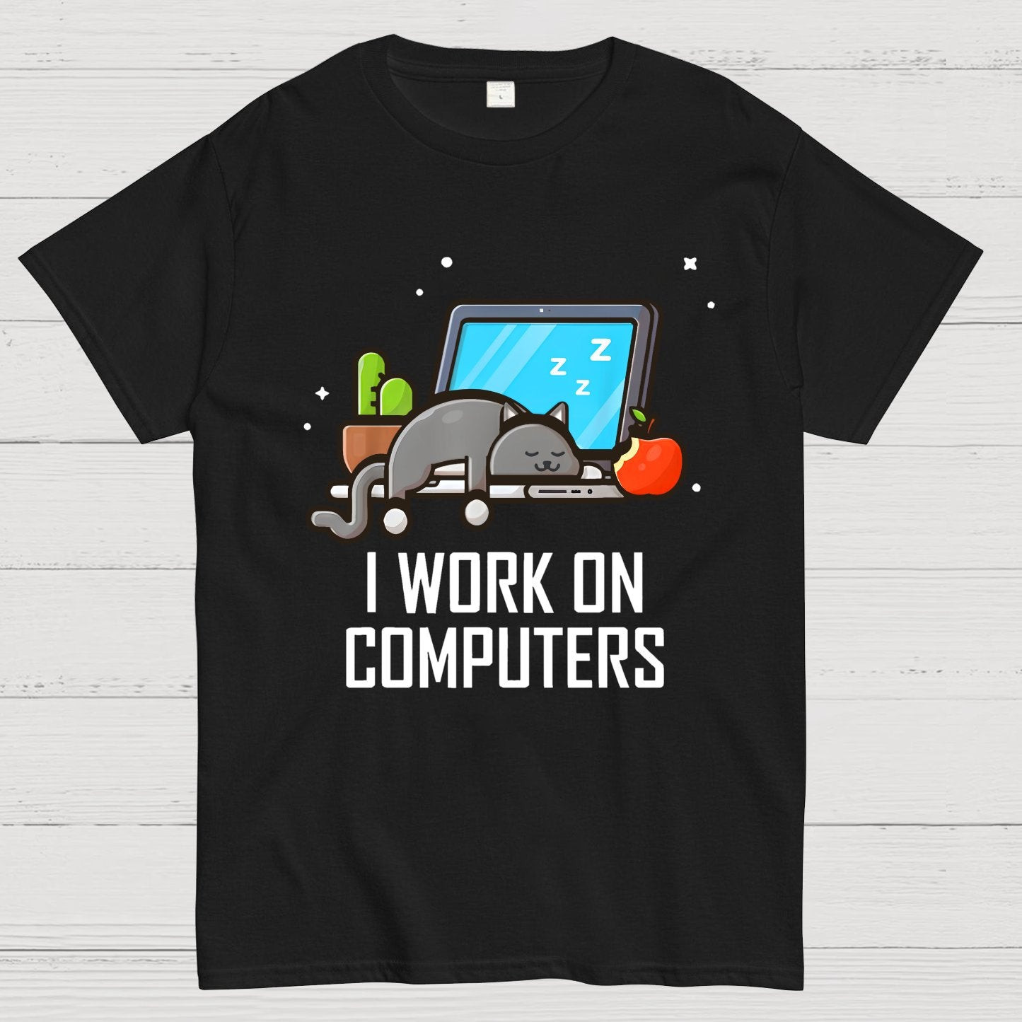 I Work On Computers Funny Cute Tech Coding Cat Geek T-Shirt