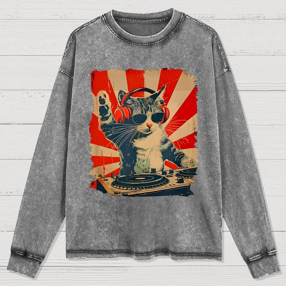 Rock Music Cat Washed Long Sleeve Tee