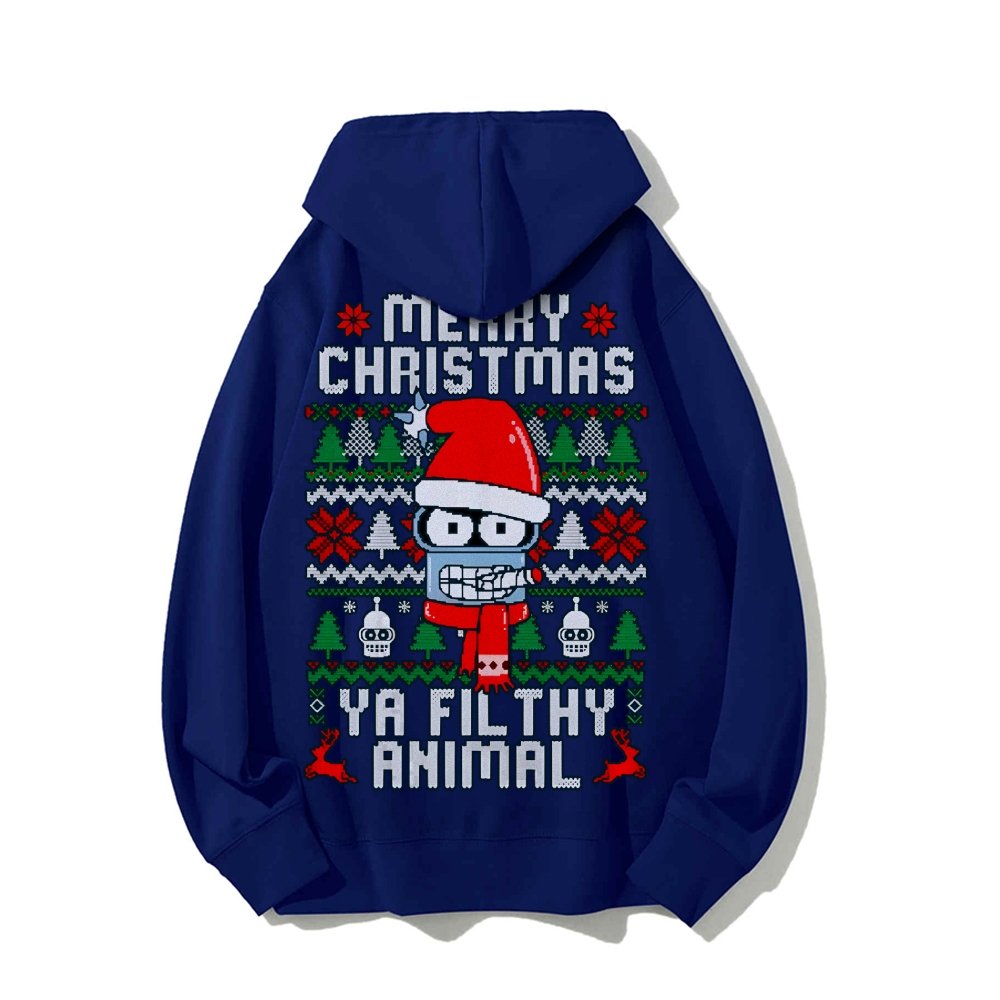 Merry Christmas Ya Filthy Animal Printed Back Cotton Hoodie