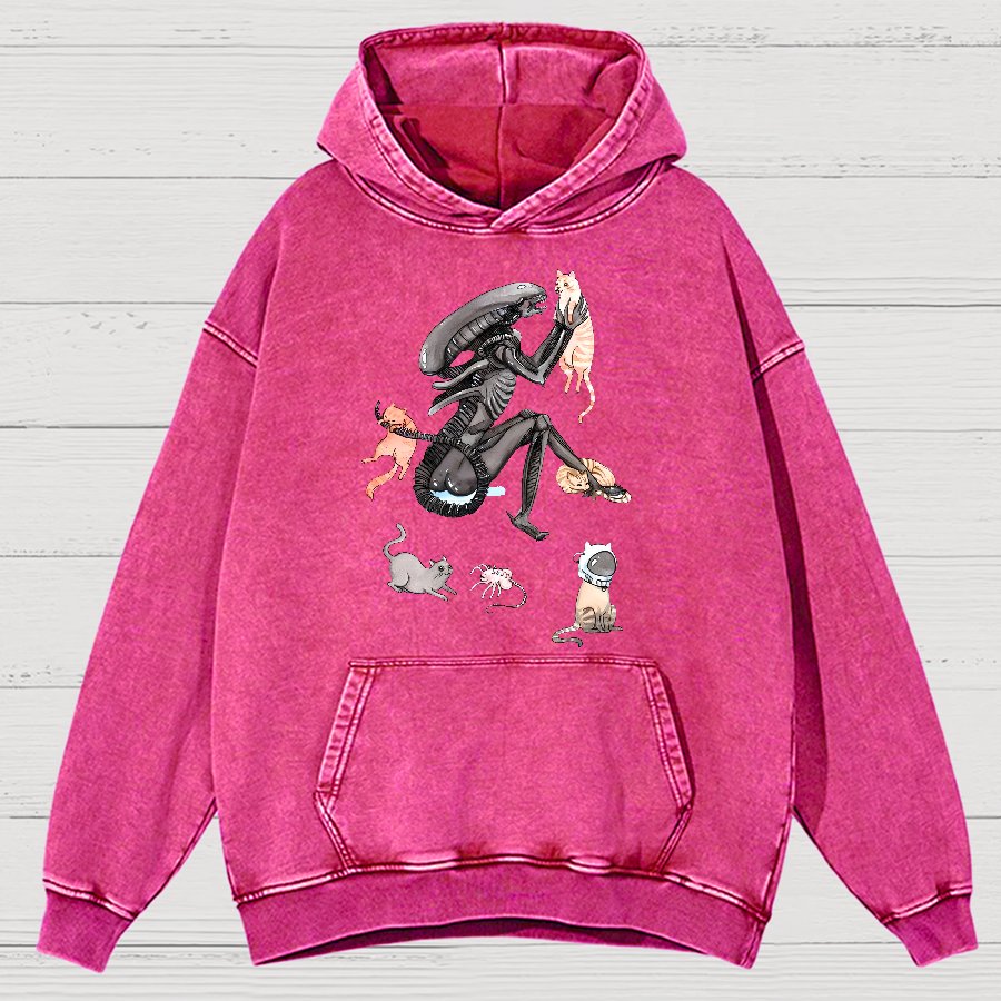 Funny Alien And Cat Vintage Distressed Hoodie
