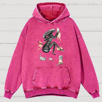 Funny Alien And Cat Vintage Distressed Hoodie