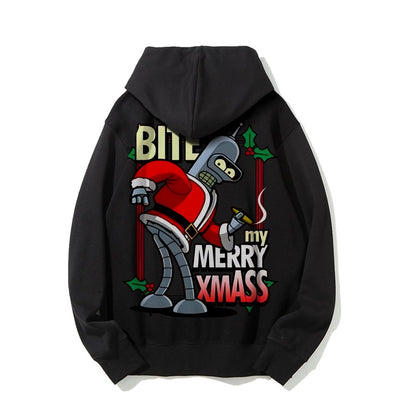 Happy Christmas From Robot Printed Back Cotton Hoodie
