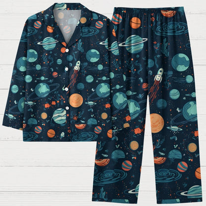 Space Planet Rocket Art Print Geek Long Sleeve Pajama Set