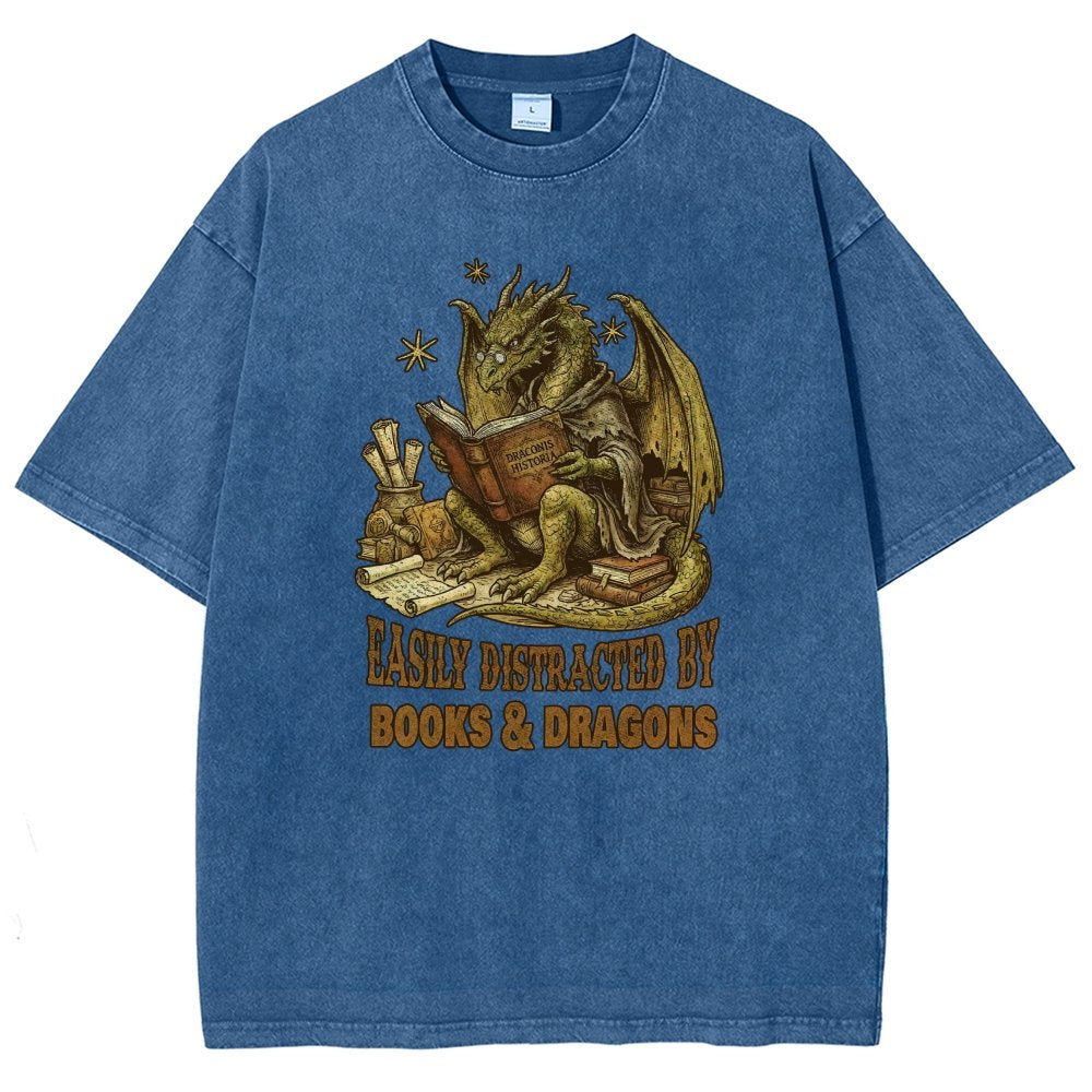 Easily Distracted by Books and Dragons Vintage Distressed T-shirt