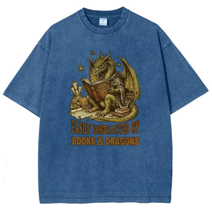 Easily Distracted by Books and Dragons Vintage Distressed T-shirt