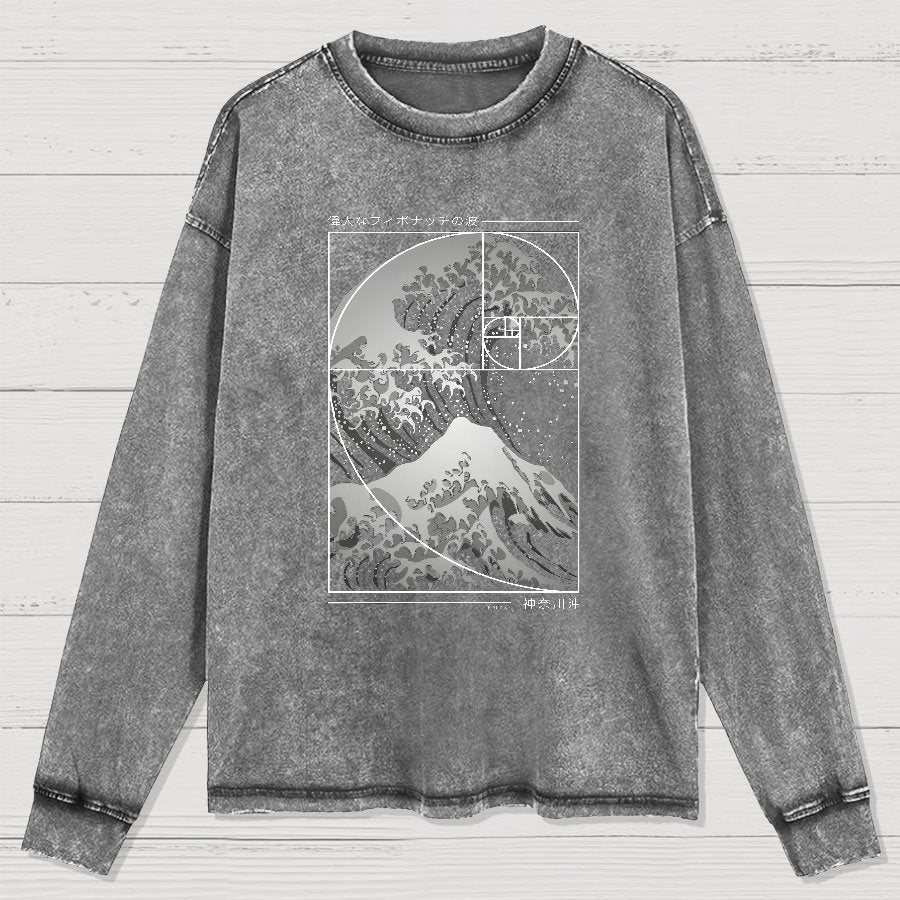 The Great Wave Of Fibonacci Spiral Geek Washed Long Sleeve Tee