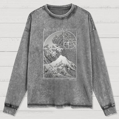 The Great Wave Of Fibonacci Spiral Geek Washed Long Sleeve Tee