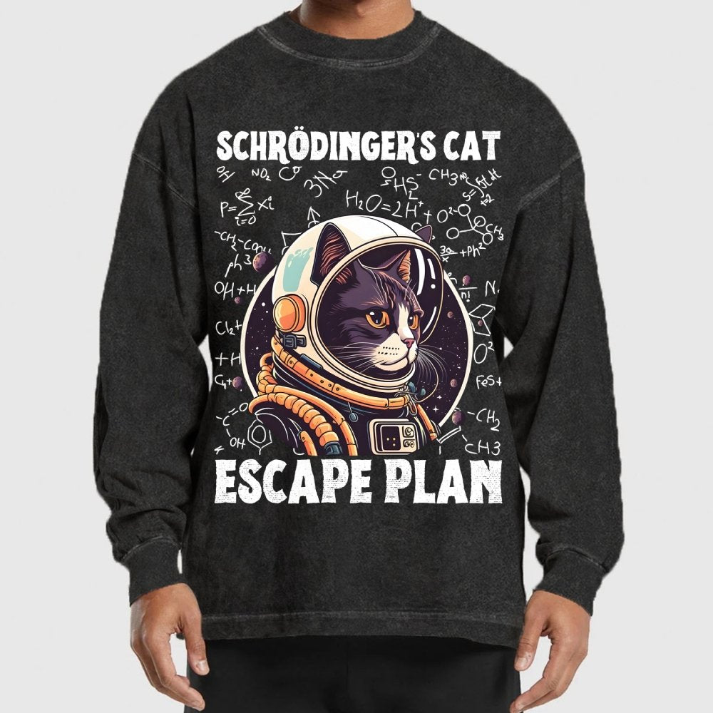 Funny Schrödinger's Cat Escape Plan Science Washed Long Sleeve Tee