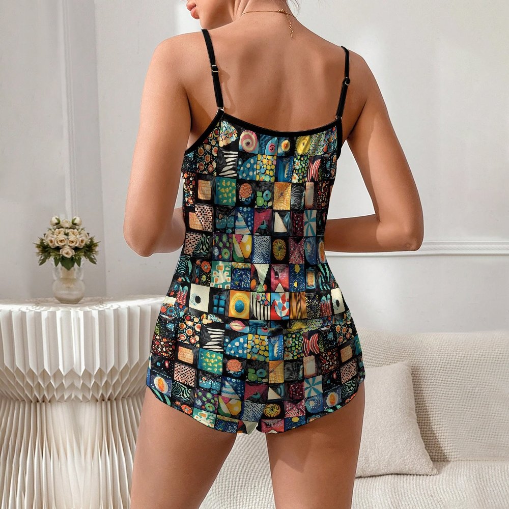 Mosaic Art Graffiti Women's Geek Suspender Cami Set
