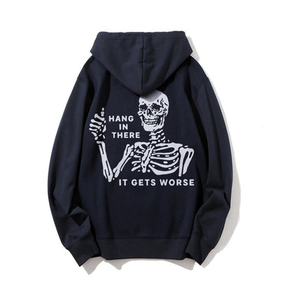 Hang In There Skeleton Printed Back Unisex Cotton Hoodie