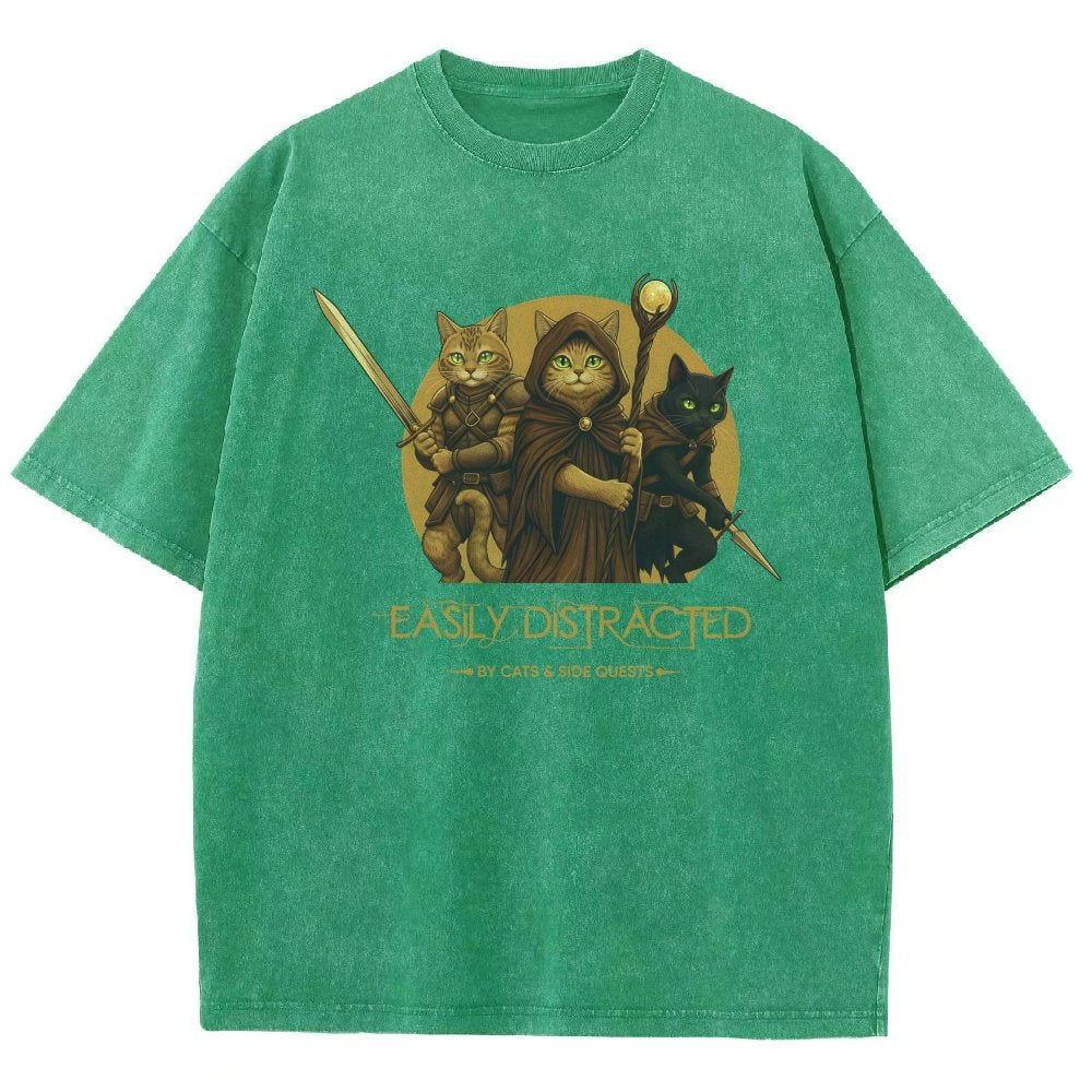 Easily Distracted By Cats And Side Quests Vintage Distressed T-shirt