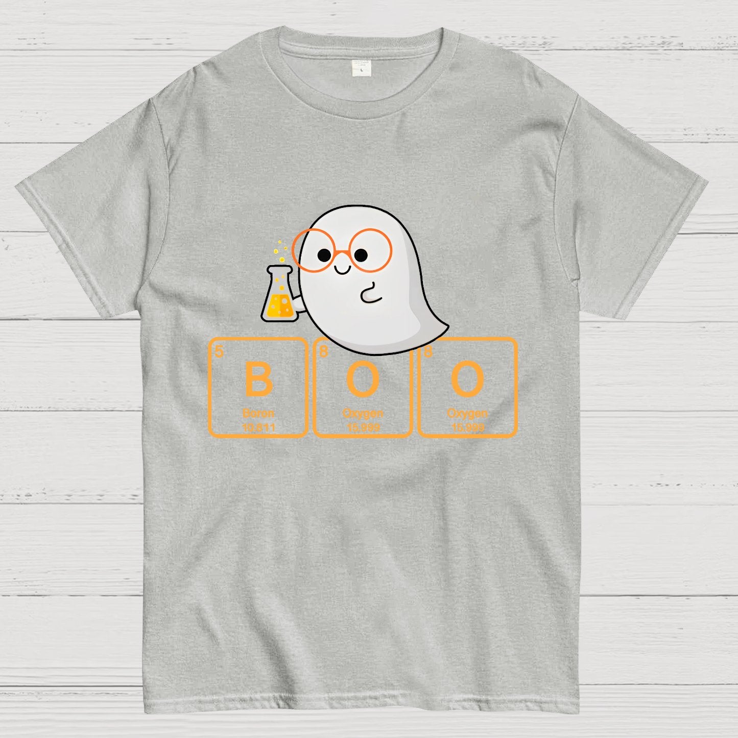 Ghost Scientist With Periodic Table of Elements that Spell BOO, Halloween Geek T-Shirt