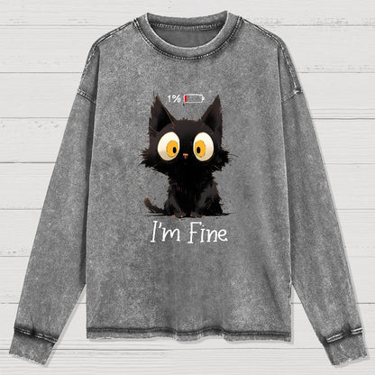 I'm Fine Black Cat Washed Long Sleeve Tee