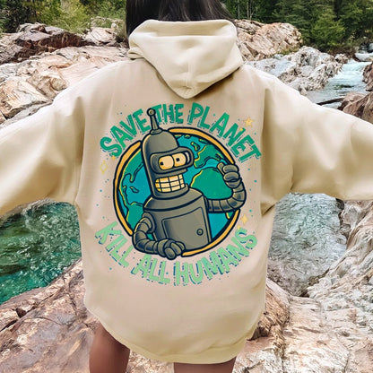 Save The Planet Kill All Humans Geek Printed Back Cotton Hoodie