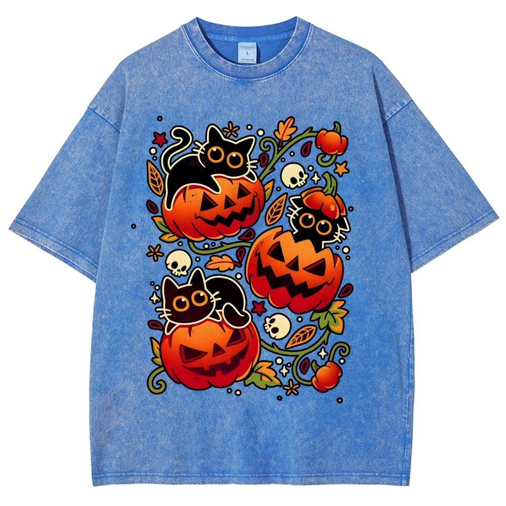Black Cat Pumpkin Halloween Party Vintage Distressed T-shirt