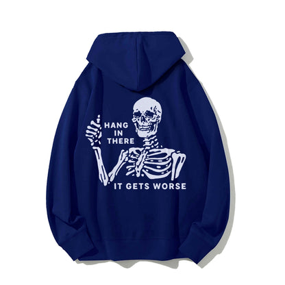 Hang In There Skeleton Printed Back Unisex Cotton Hoodie