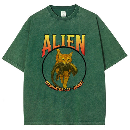 Black Cat Eating Alien Vintage Distressed T-shirt