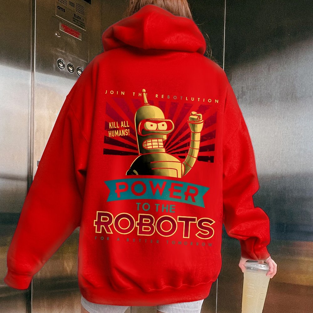 Power To The Robots Printed Back Cotton Hoodie