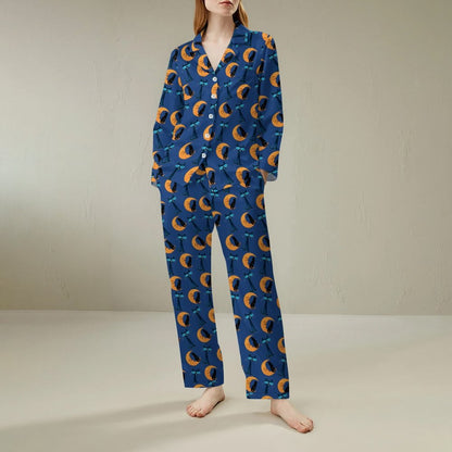 Moon Black Cat Print Geek Long Sleeve Pajama Set
