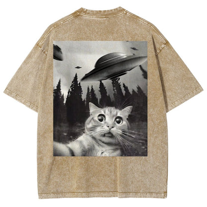 Ufo Cat Back Washed T-Shirt