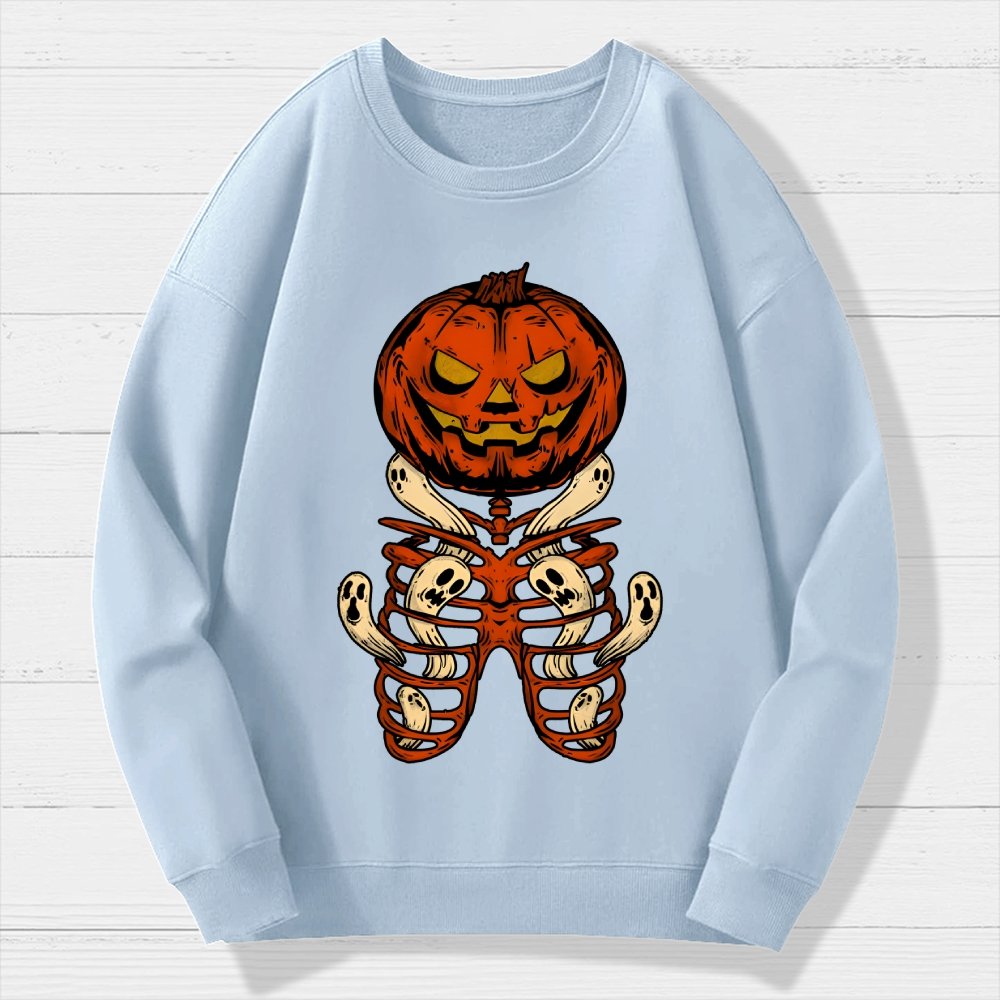 Vintage Halloween Pumpkin Skeleton Ghost Geek Cotton Sweatshirt