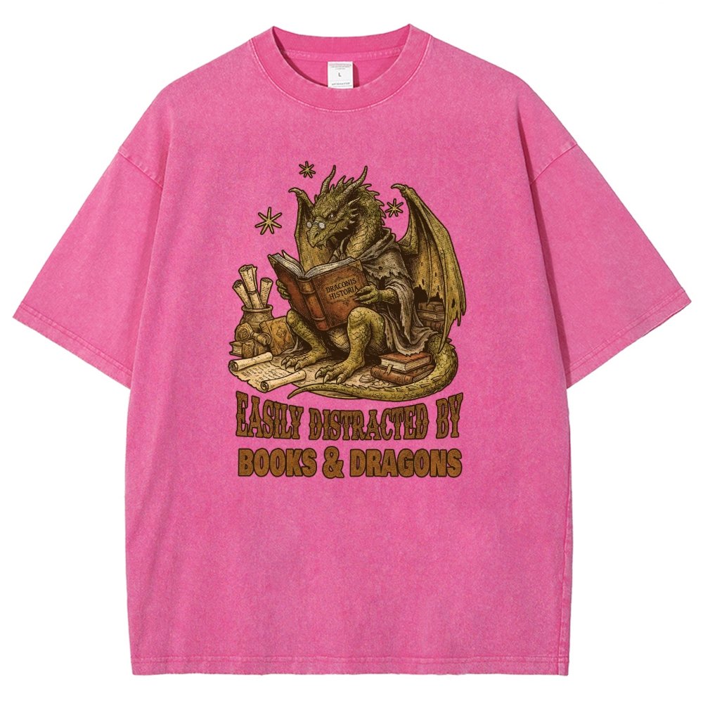 Easily Distracted by Books and Dragons Vintage Distressed T-shirt
