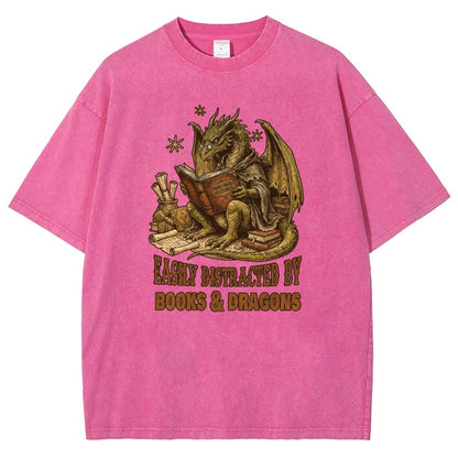 Easily Distracted by Books and Dragons Vintage Distressed T-shirt