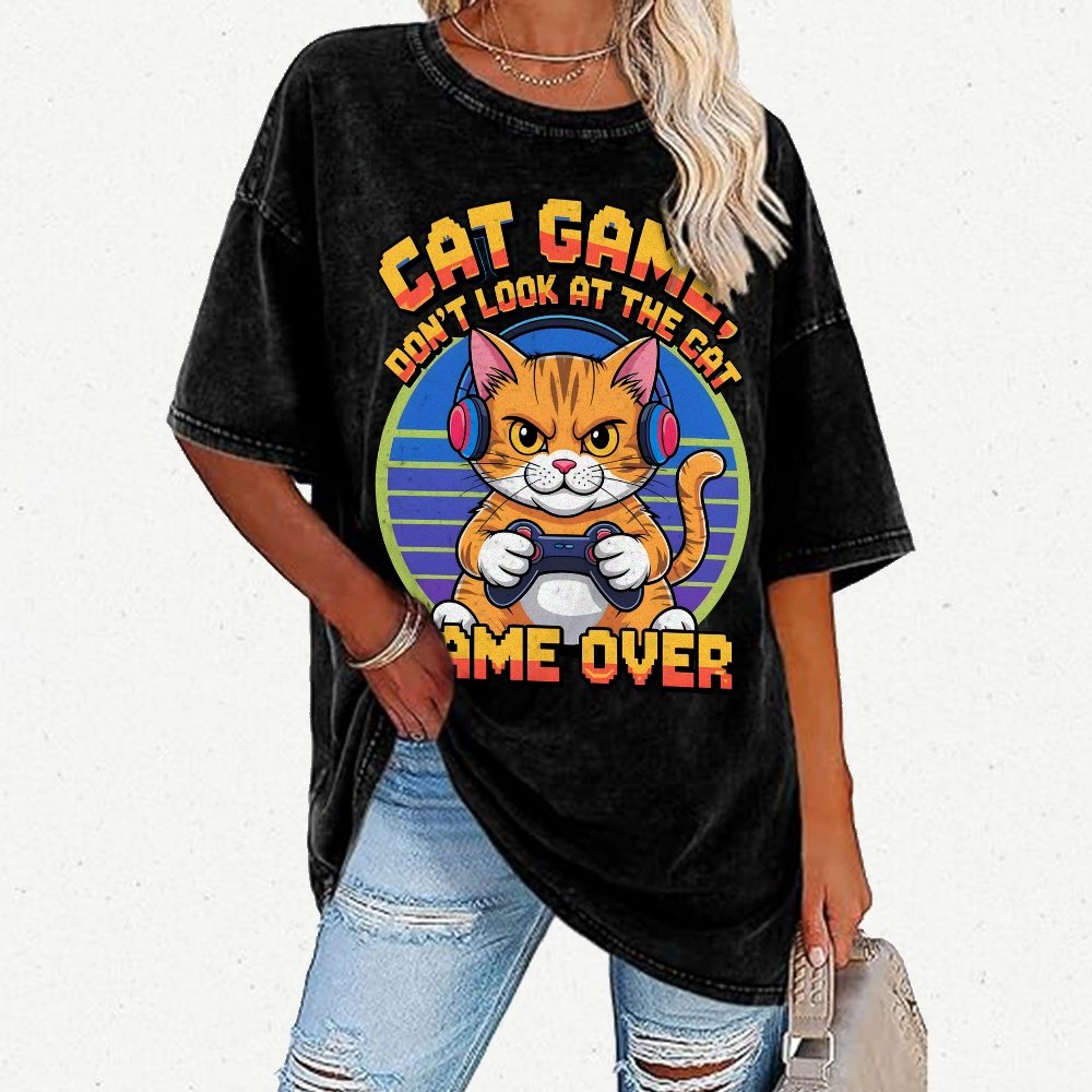 Funny Cat Game-Game Over Vintage Distressed T-shirt