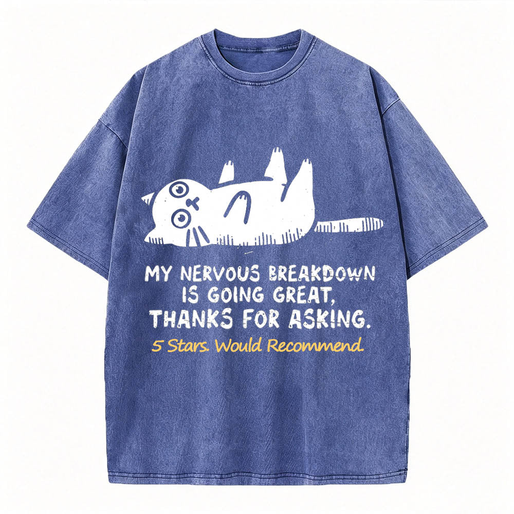 My Nervous Breakdown Is Going Great Thanks For Asking Funny Cat Vintage Washed Graphic Tee