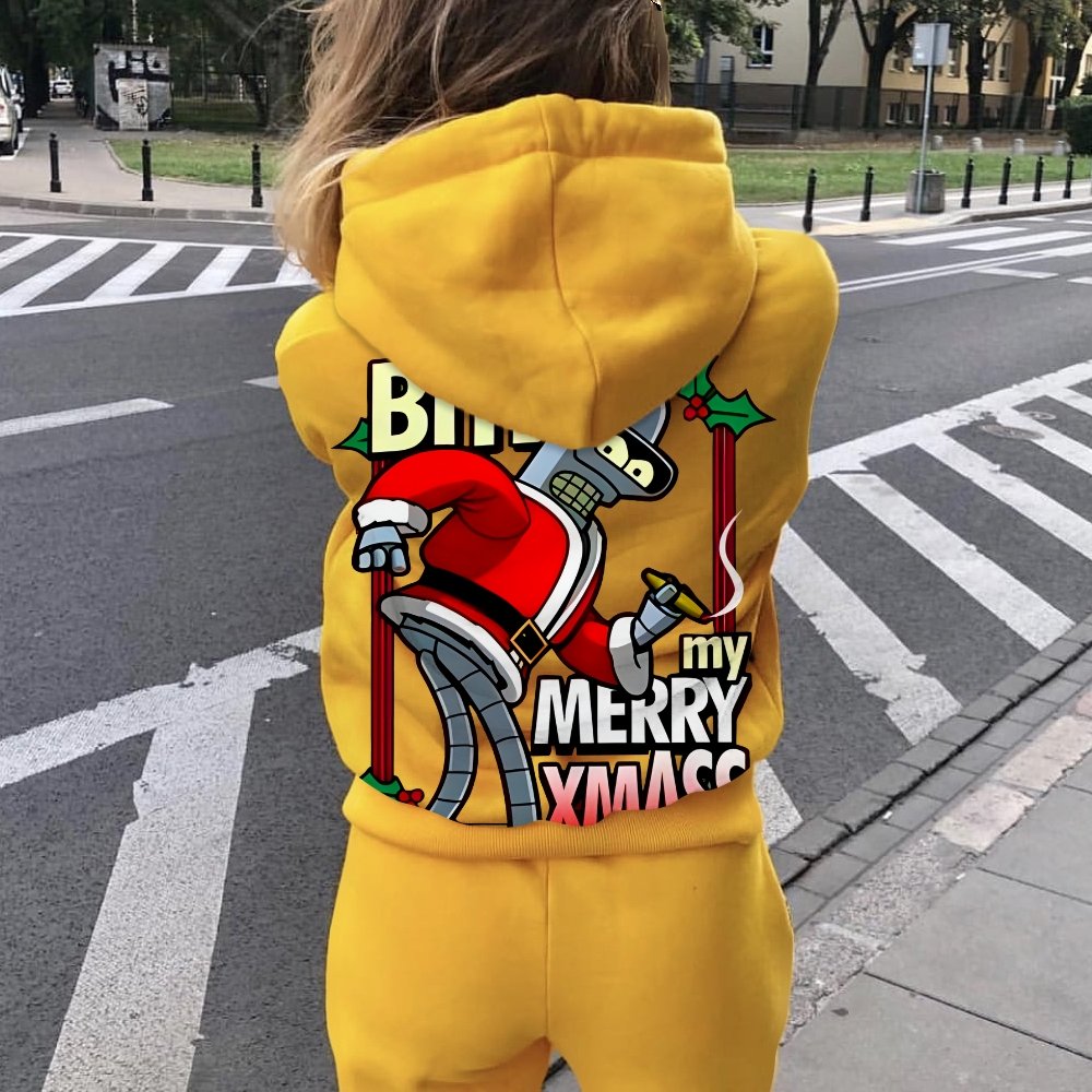 Happy Christmas From Robot Printed Back Cotton Hoodie