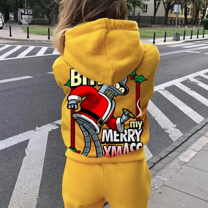 Happy Christmas From Robot Printed Back Cotton Hoodie