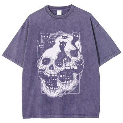 Cat Ghost Double Skull Vintage Distressed T-shirt