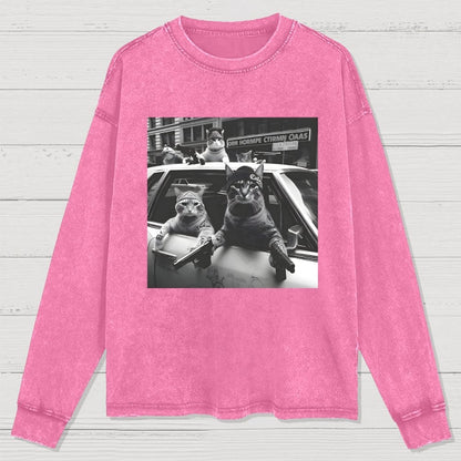 Funny Cat Gang Vintage Washed Long Sleeve Tee