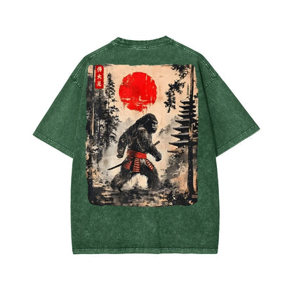 Funny Samurai Ukiyo-e Vintage Graphic Washed T-shirt