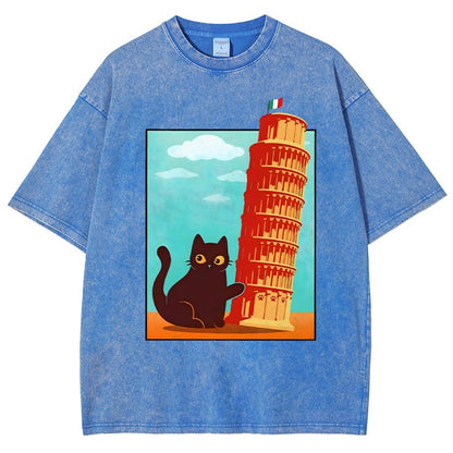Purrfectly Tilted Funny Cat 。png Vintage Distressed T-shirt